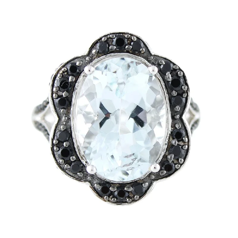 14k White Gold 6 2/5ct TGW Aquamarine and Black Spinel Flower Halo Ring