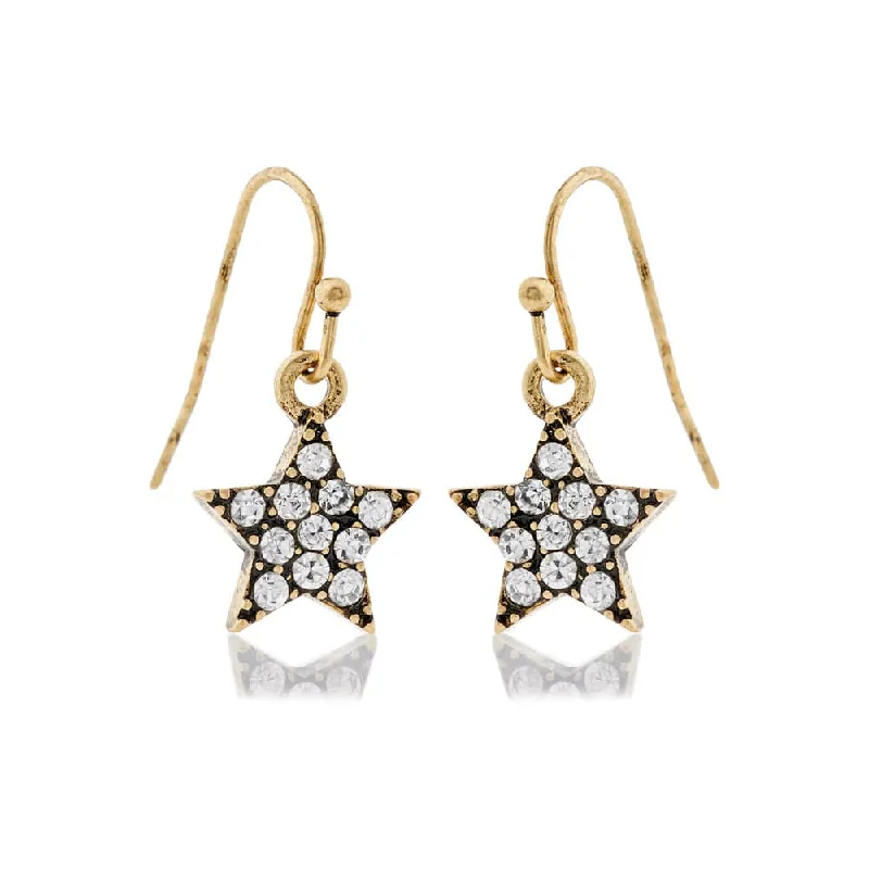 Diamante Star Crystal Star Earrings: Vintage Style Brass Start Drop Earrings