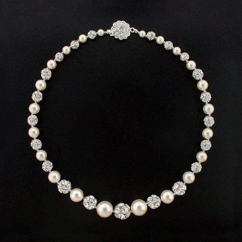 Graduated Pearl Necklace with Rhinestone Beads