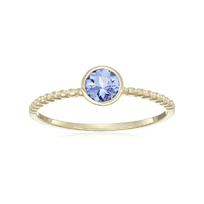 10k Yellow Gold Tanzanite Round Solitaire Beaded Shank Stackable Ring