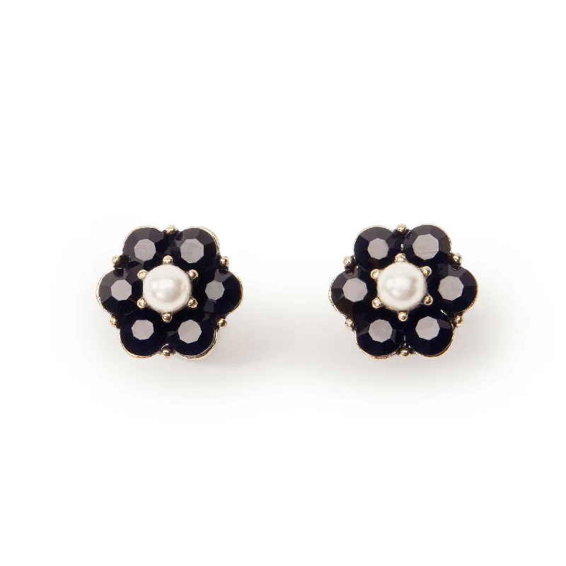 Small Jet Flower Stud Earrings: Pearl Stud Earrings