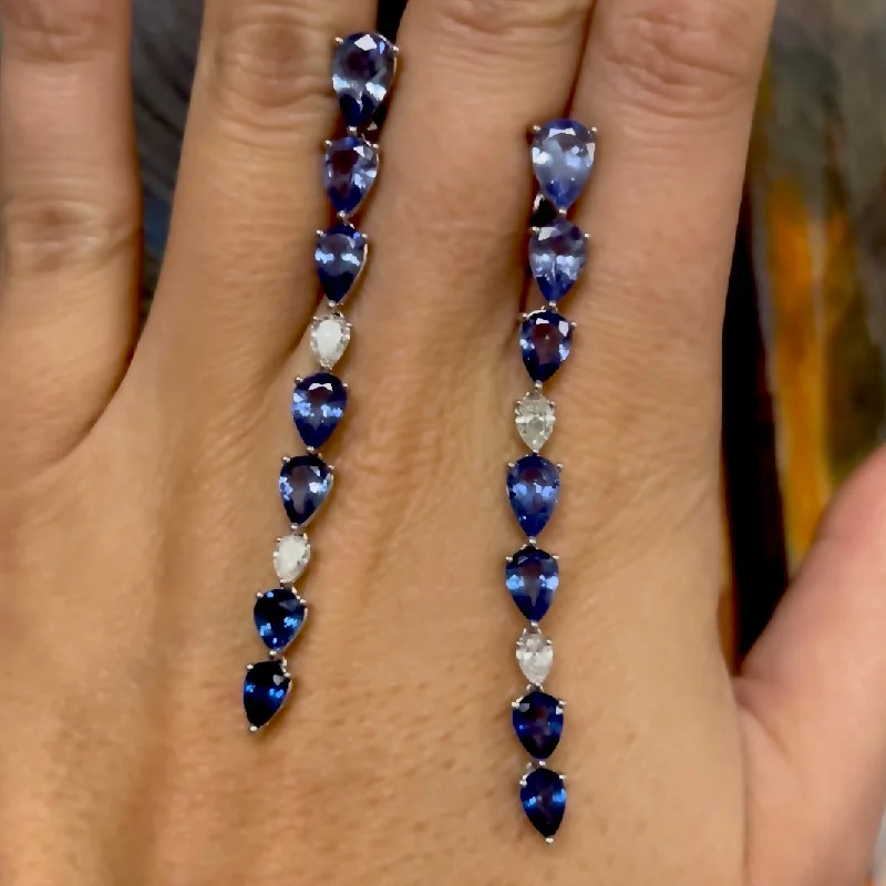 Pear-Shaped Tanzanite, Sapphire, & Diamond Line Earrings