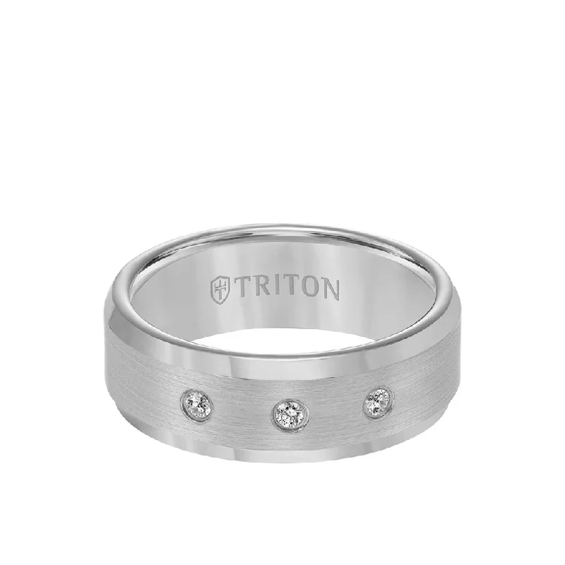 8MM Tungsten Diamond Ring - 3 Stone Satin Finish Center and Bevel Edge