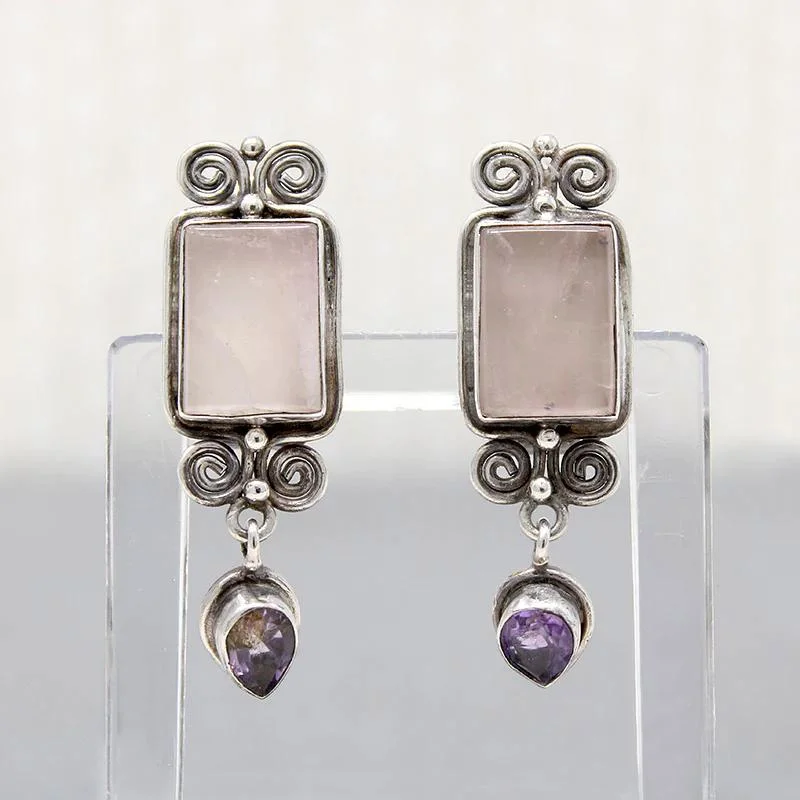 Pretty Pastel Rose Quartz & Amethyst Silver Earrings