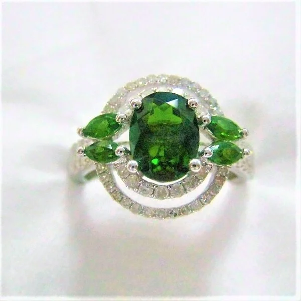 14k White Gold Chrome Diopside and White Sapphire Ring