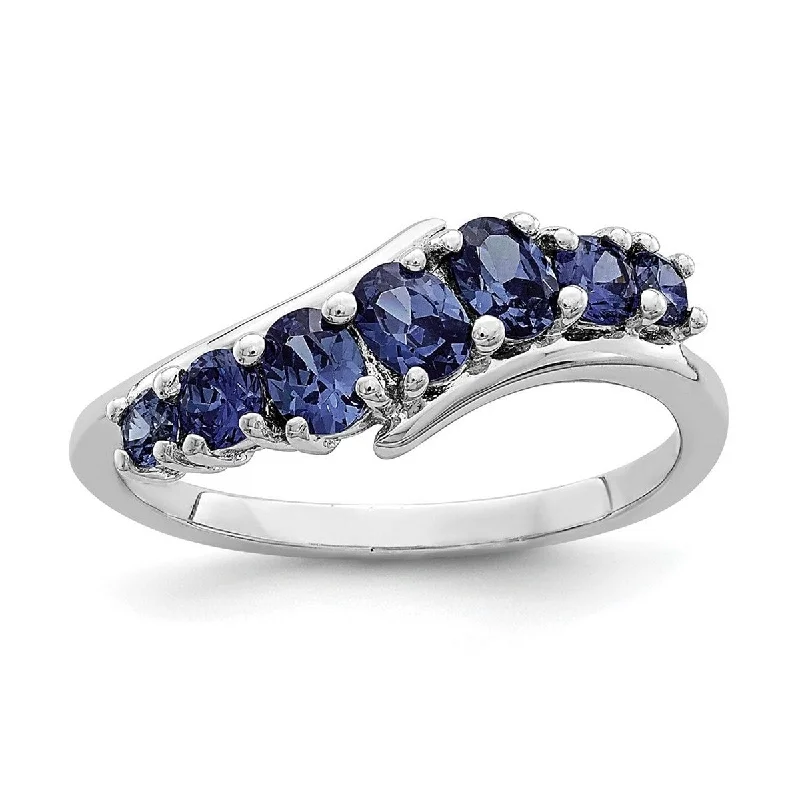 Curata 925 Sterling Silver Rhodium Plated 7 stone Blue CZ Cubic Zirconia Wave Ring