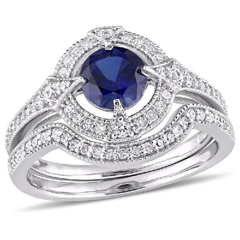 Miadora Sterling Silver Created Blue and White Sapphire 1/3ct TDW Diamond Halo Bridal Ring Set