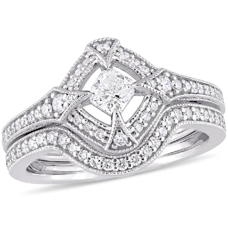 Miadora 10k White Gold 3/4ct TDW Diamond Halo Bridal Ring Set