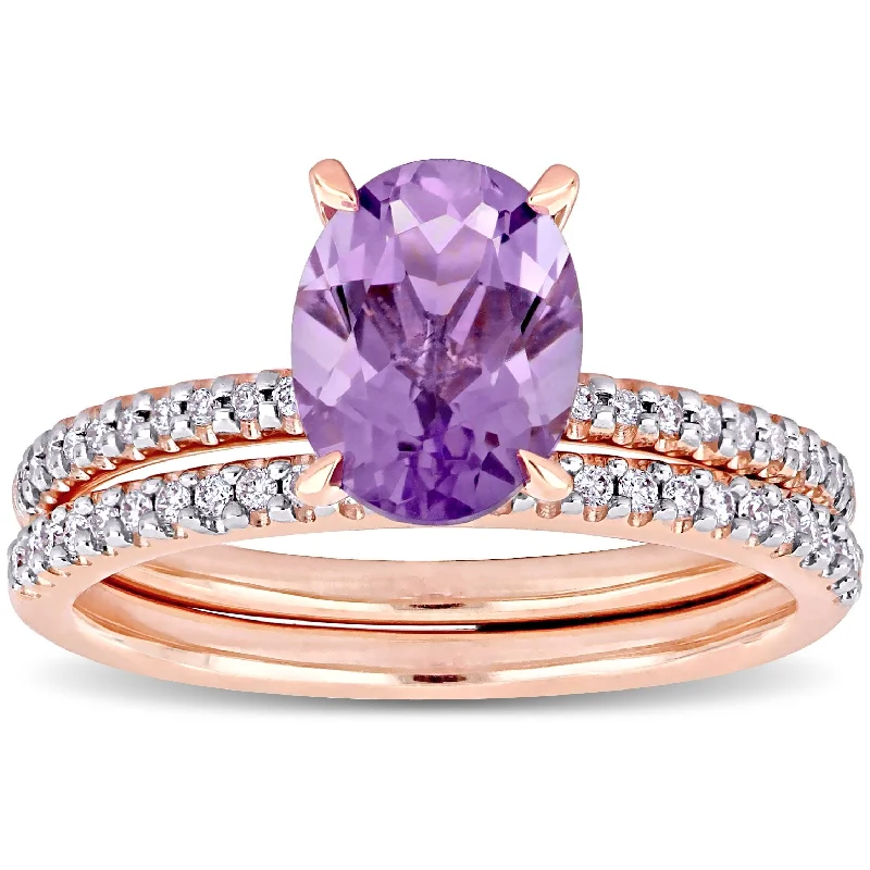 Miadora 14k Rose Gold Oval-cut Amethyst and 1/4ct TDW Diamond Solitaire Bridal Ring Set