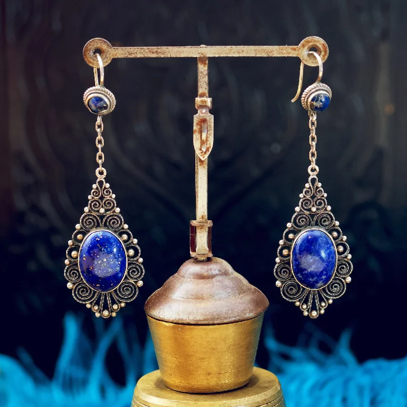 Finest Vintage Silver Filigree Lapis Lazuli Drop Earrings