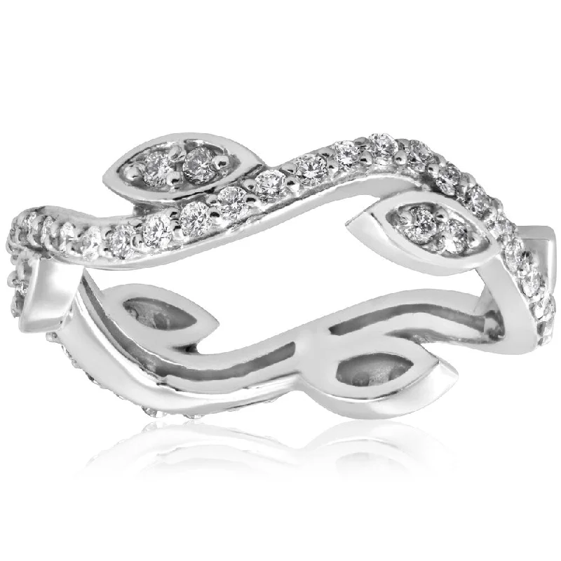 14K White Gold 1/2 ct TDW Diamond Vintage Vine Floral Leaf Petal Eternity Stackable Wedding Ring (I-J,I2-I3)