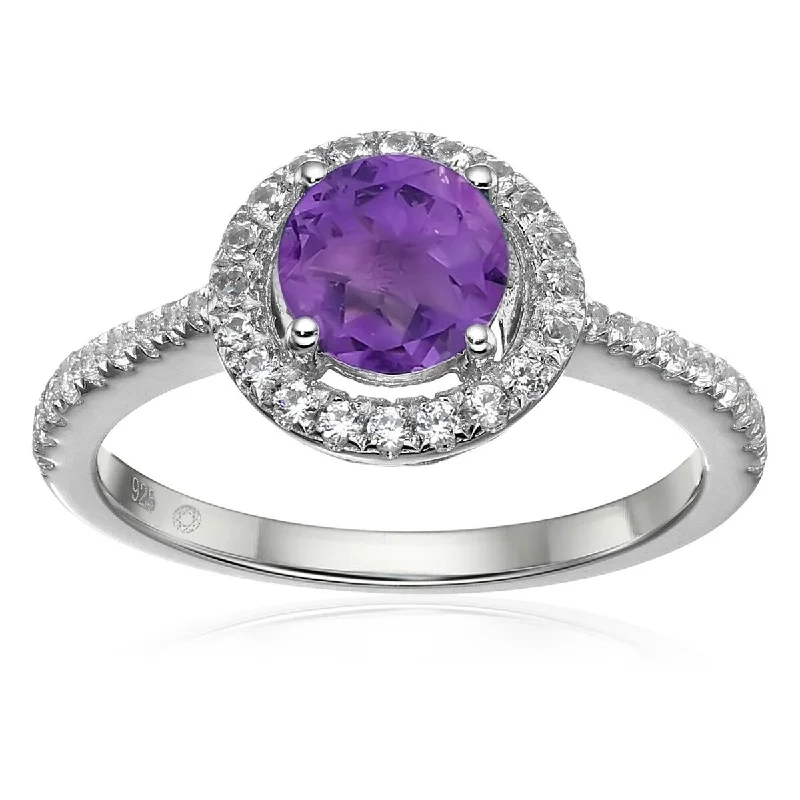 925 Sterling Silver African Amethyst and Created White Sapphire Ring