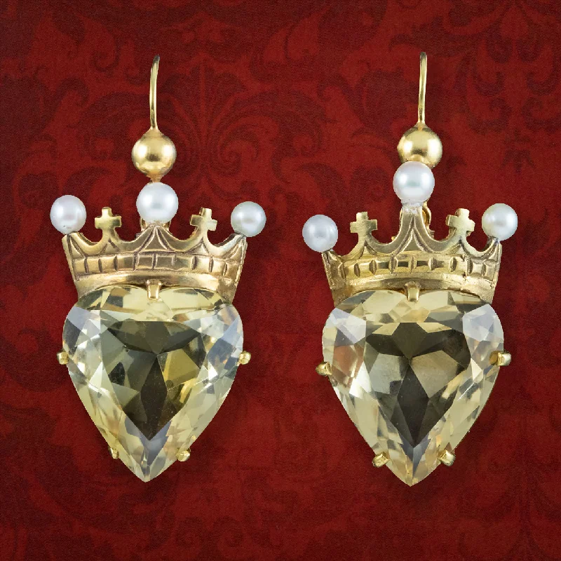 Antique Victorian Citrine Heart Pearl Crown Earrings 15ct Gold