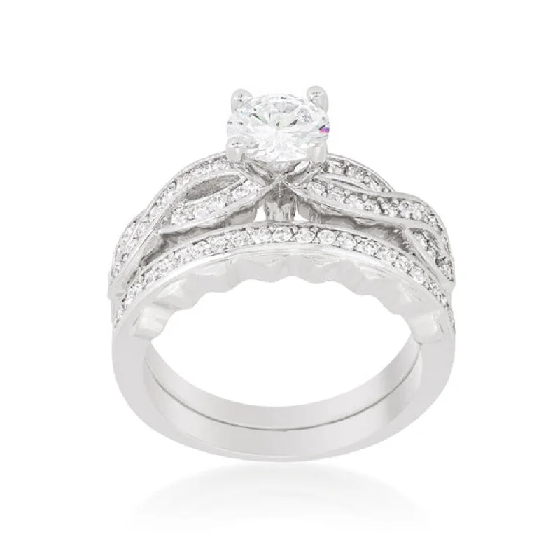 Cz Infinity Twist Bridal Ring Set With Rhodium Finish