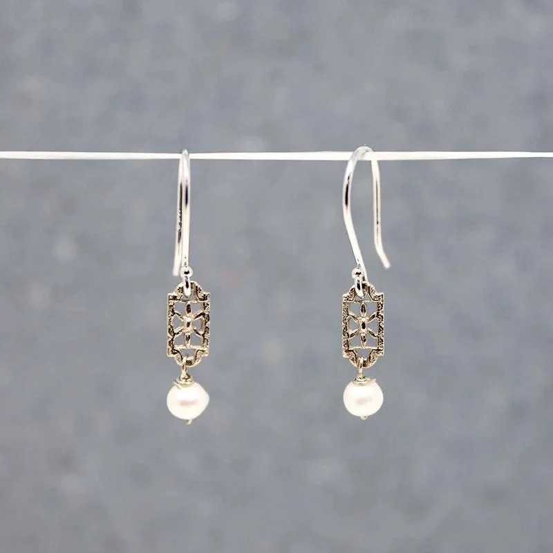 White Gold Filigree & Pearl Earrings by brunet