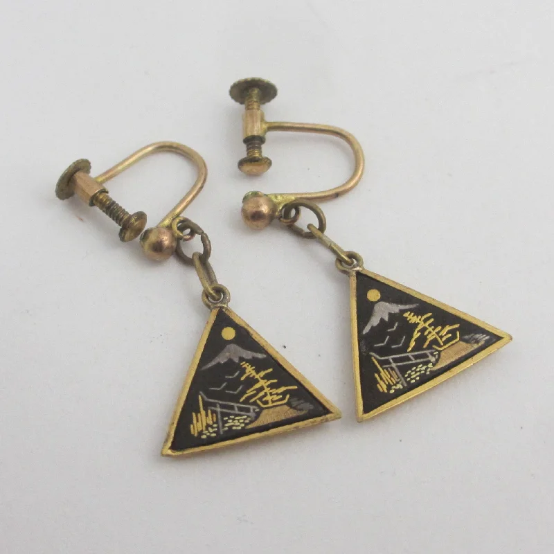 Japanese Damascene Dangling Ear Pendant Earrings Vintage c1950