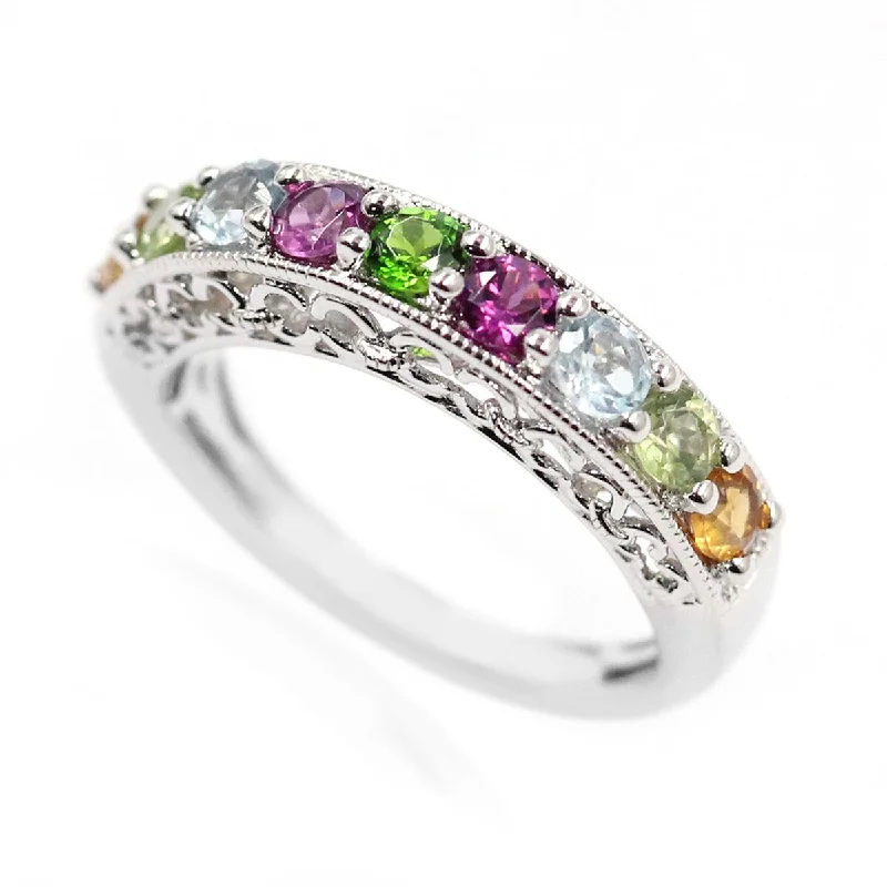 925 Sterling Silver Peridot,Citrine,Sky Blue Topaz,Rhodolite Garnet Ring