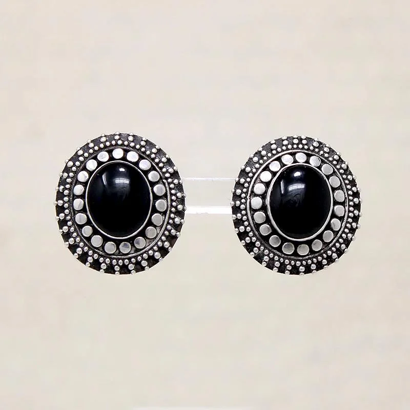 Ornate Silver Bead & Onyx Clip On Earrings