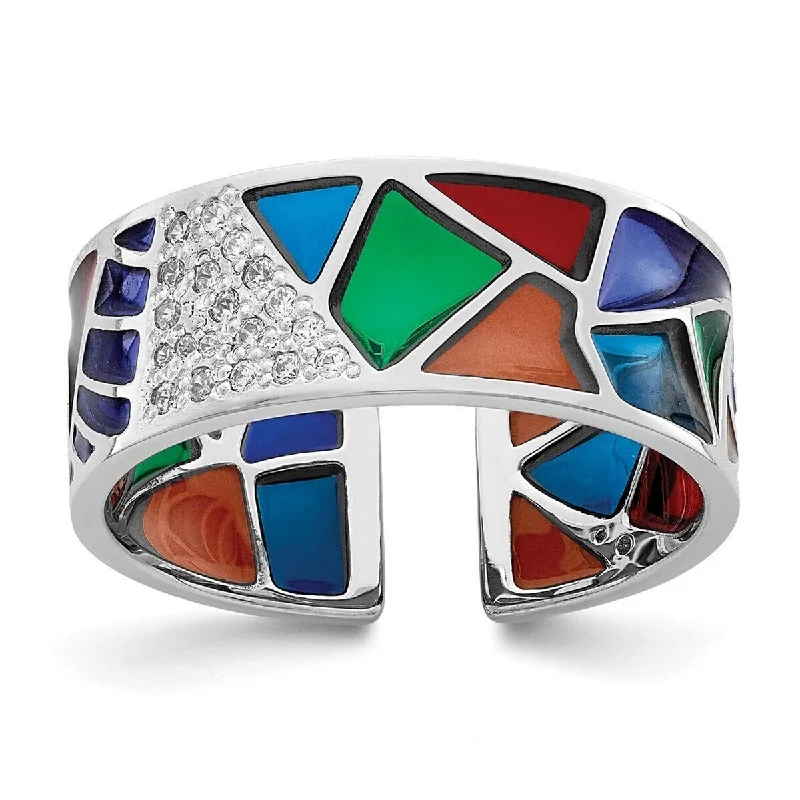 Curata 925 Sterling Silver Rhod Plated Abstract Enamel and CZ Cubic Zirconia Cuff Ring