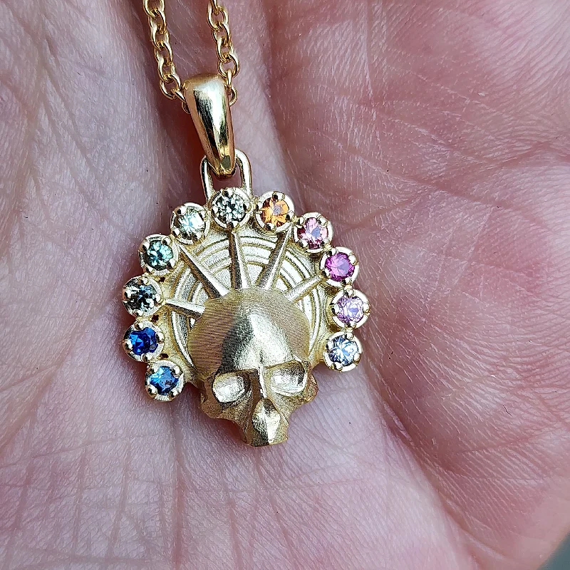 Rainbow Aura Angel Pendant - Catacomb Memento Mori Gold Skull Necklace with Natural Sapphires - Gothic Fine Jewelry