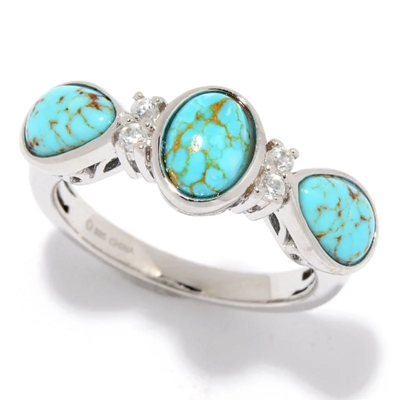 925 Sterling Silver Mine#8 Turquoise and White Natural Zircon Ring