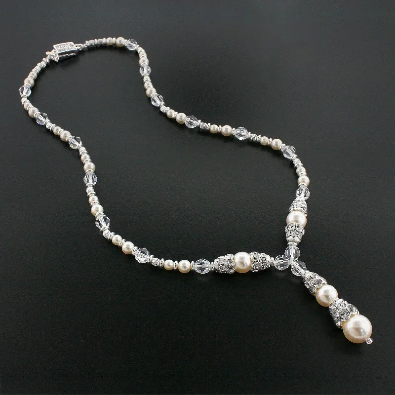 Crystal & Pearl Bridal Necklace with Drop