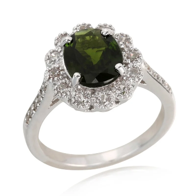 925 Sterling Silver Chrome Diopside and White Natural Zircon Cocktail Ring