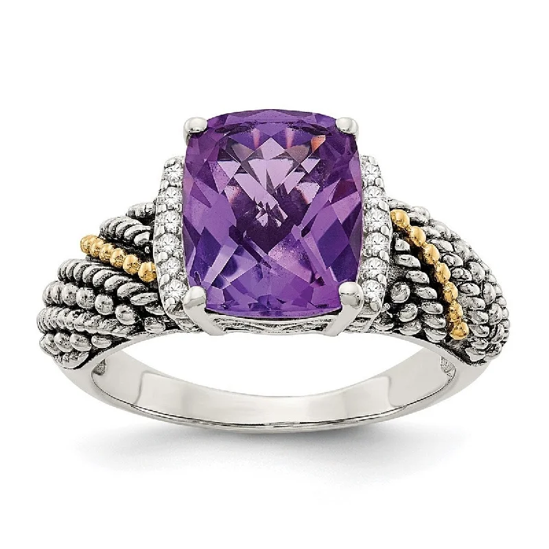 Curata 925 Sterling Silver With 14k Diamond and Amethyst Ring