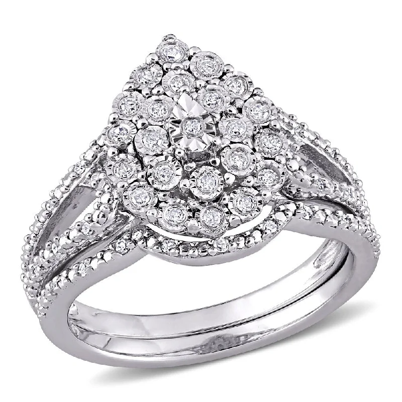 Miadora Sterling Silver 1/4ct TDW Diamond Pear Cluster Split Shank Wedding Ring Set