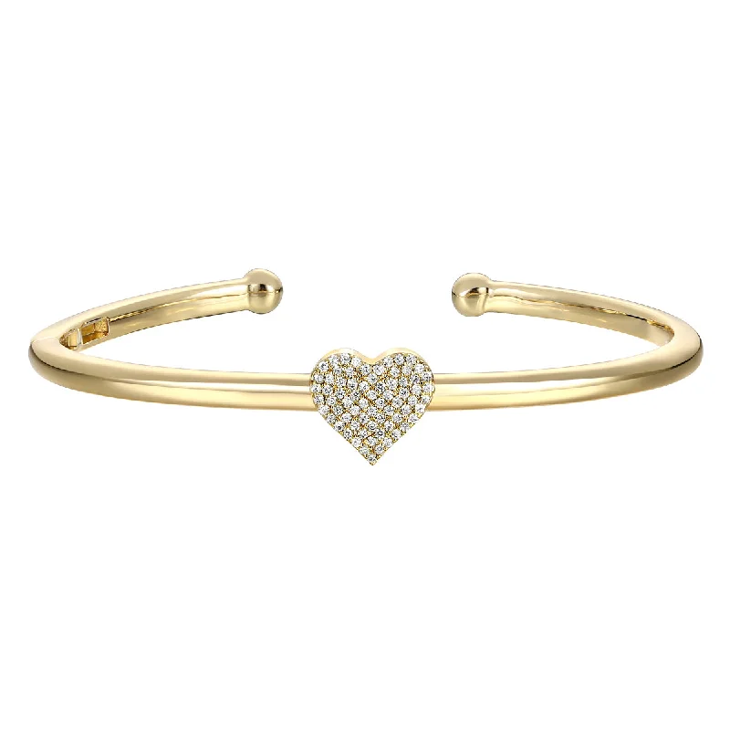 Rg 14k Gold Plated with Diamond Cubic Zirconia Heart Pave Open Cuff Bangle Bracelet