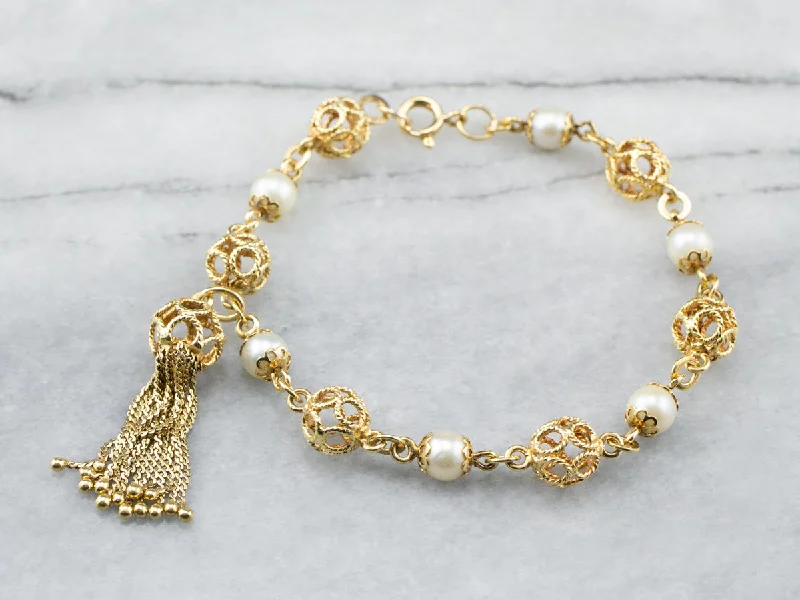 18K Gold Pearl Filigree Link Tassel Bracelet