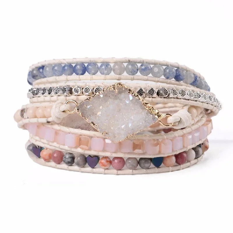 Quartz Druzy Charm & Mixed Natural Stones Bohemian Bracelet