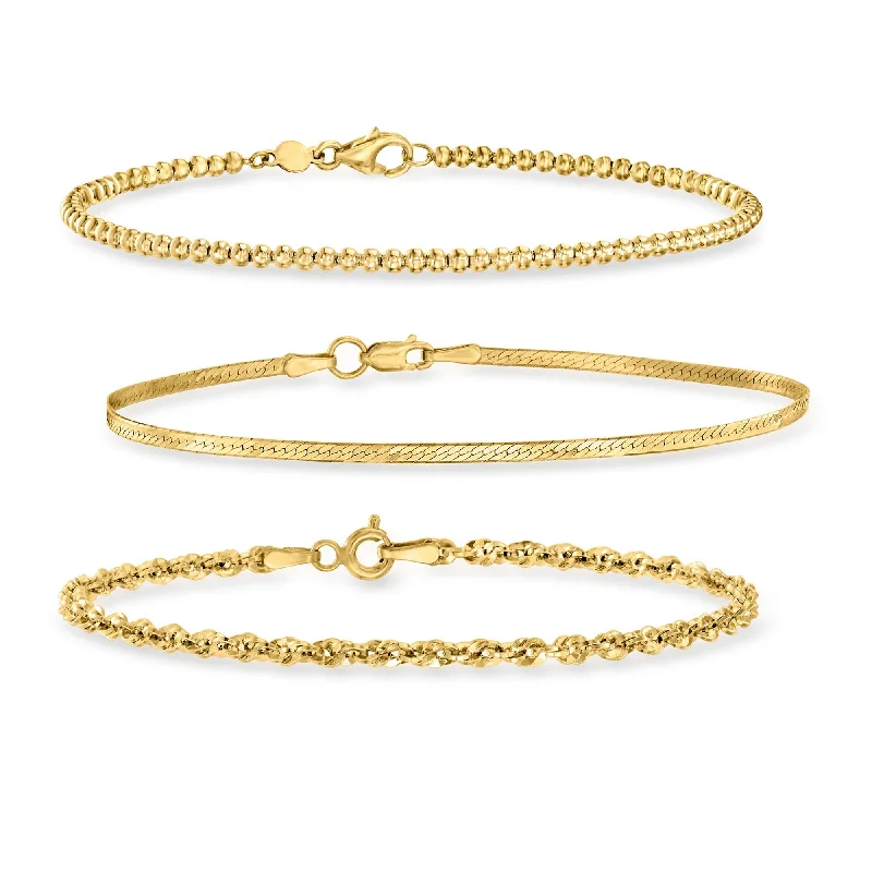 RS Pure by Ross-Simons 14kt Yellow Gold Jewelry Set: 3 Herringbone, Bead and Rope-Chain Bracelets