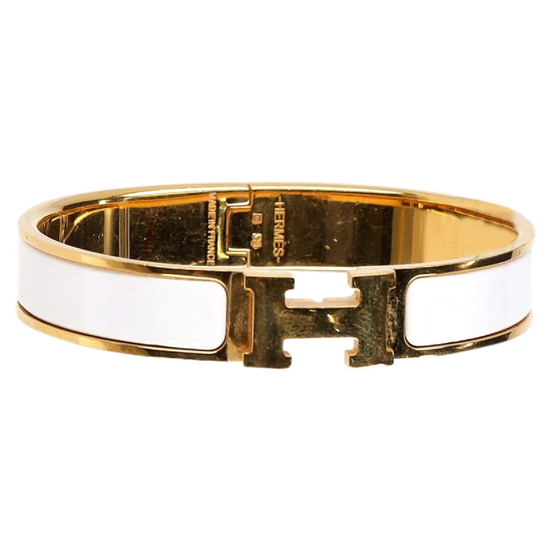 Hermès GM Clic H Bangle Bracelet in White and Gold-Plated Metal