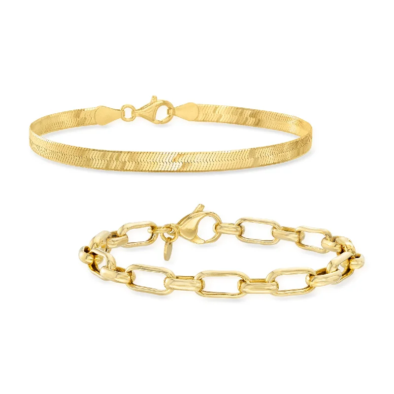 Ross-Simons 18kt Gold Over Sterling Jewelry Set: Herringbone and Paper Clip Link Bracelets