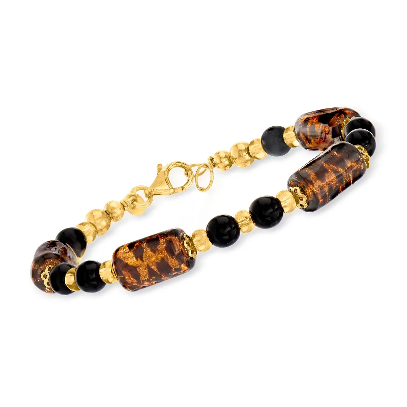 Ross-Simons Italian Leopard-Print Murano Glass Bead Bracelet in 18kt Gold Over Sterling