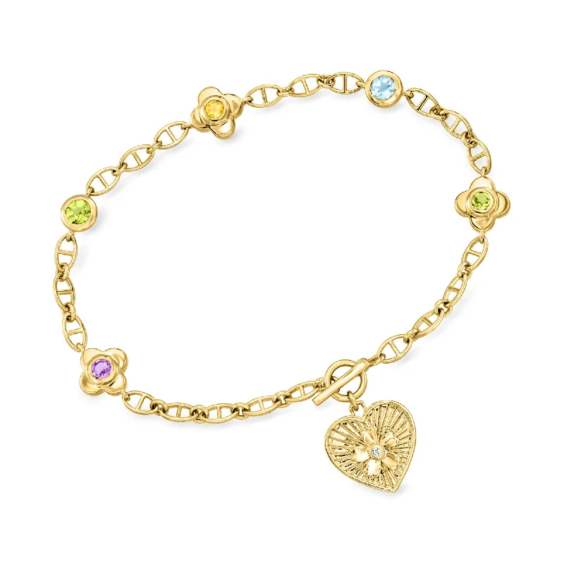 Ross-Simons Multi-Gemstone Floral Heart Toggle Bracelet With Diamond Accent in 18kt Gold Over Sterling