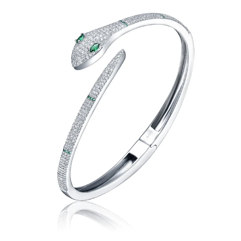 RG White Gold Plated with Emerald & Cubic Zirconia Snake Bypass Coil Wrap Bangle Bracelet