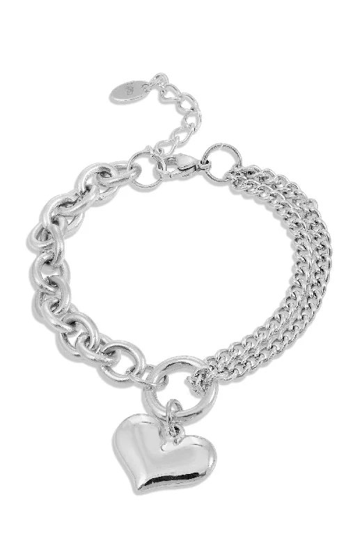 RHODIUM PLATED HALF & HALF HEART CHARM BRACELET