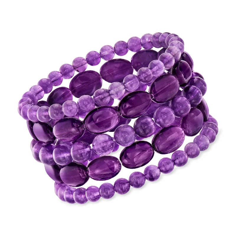 Ross-Simons Amethyst Bead Jewelry Set: 5 Stretch Bracelets. 7 inches