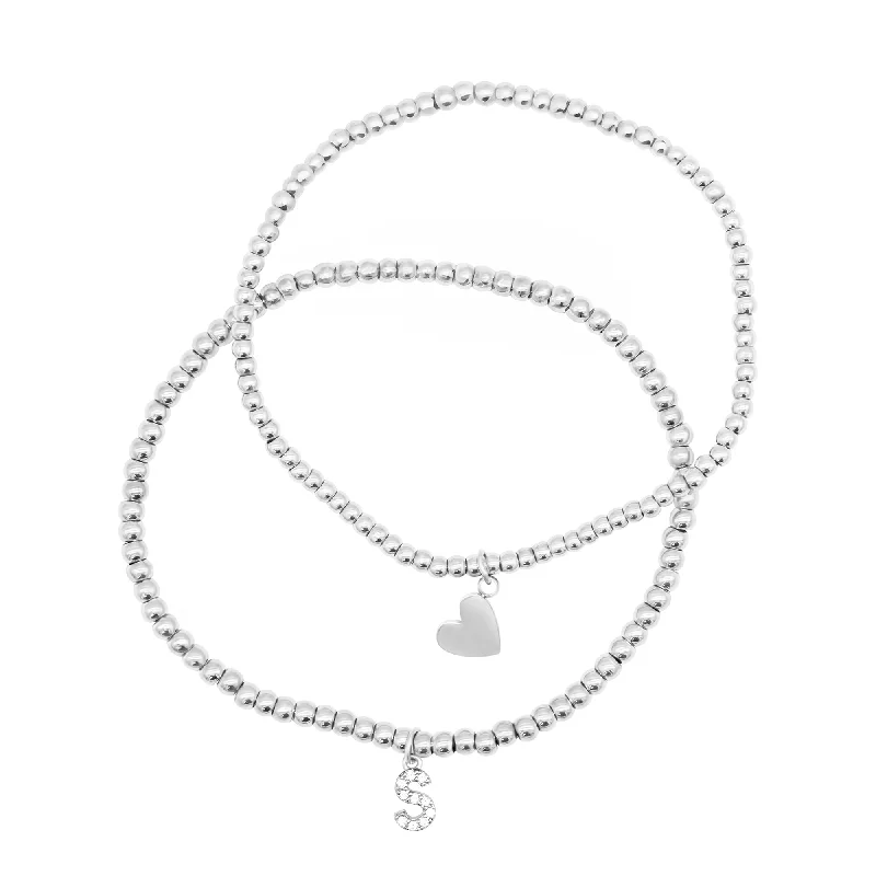 Silver Plated Stretch Bracelet Set with Mini Crystal Initial