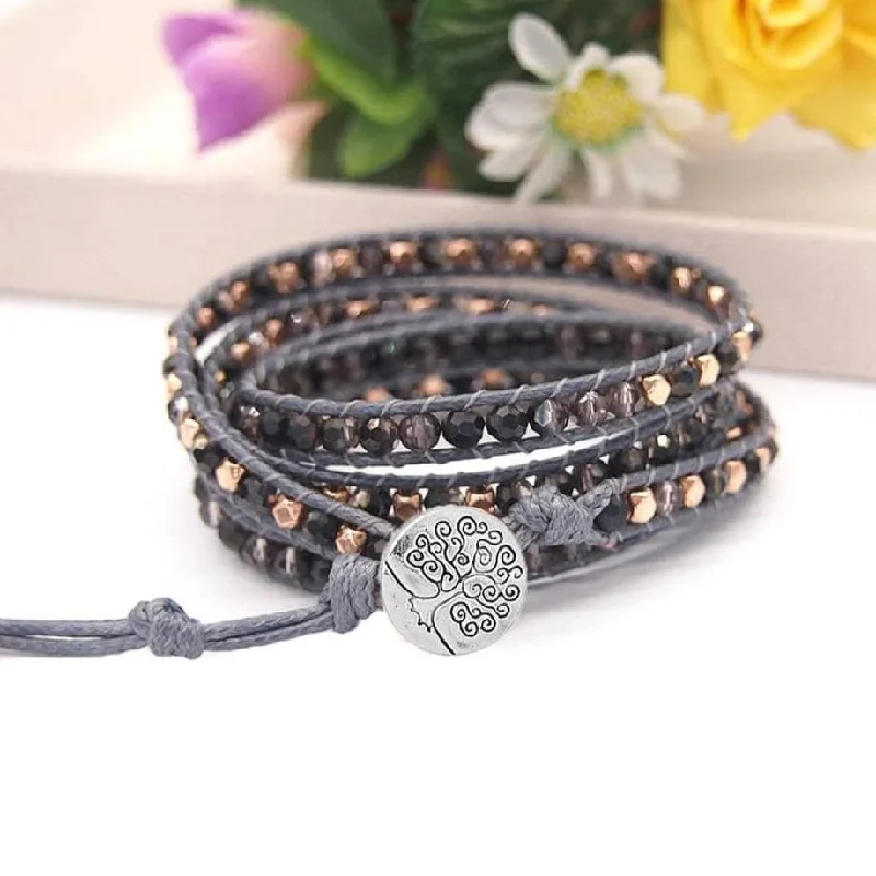 Tree of Life Boho Beads and Black Crystal 5 Wraps Bracelet