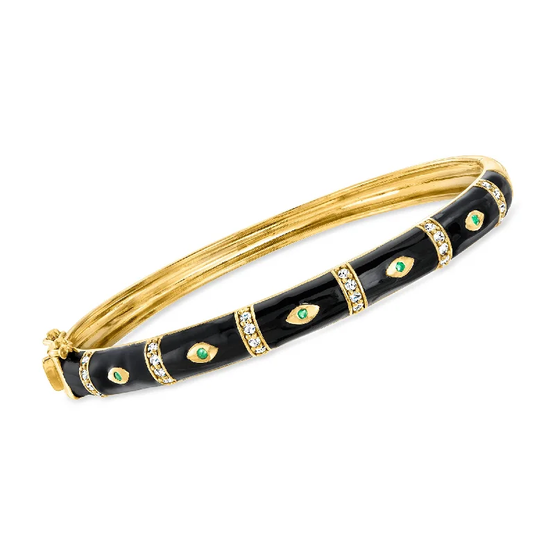 Ross-Simons White Topaz Evil Eye Bangle Bracelet With Emerald Accents and Black Enamel in 18kt Gold Over Sterling