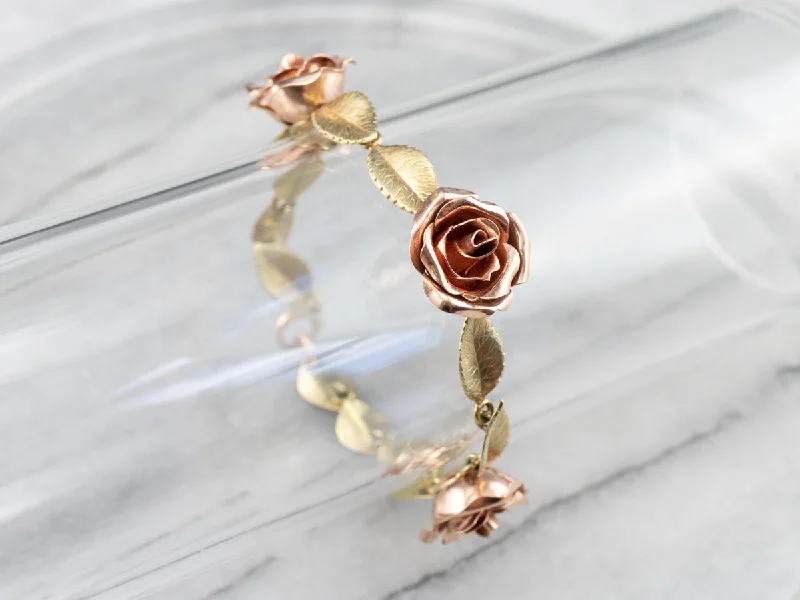 Two Tone Gold Retro Era Rose Link Bracelet