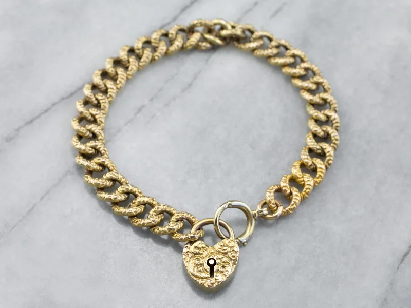 Victorian Chased Heart Lock Gold Chain Bracelet