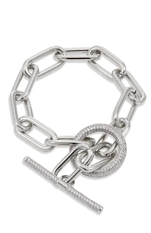 RHODIUM PLATED PAPERCLIP CZ TOGGLE BRACELET