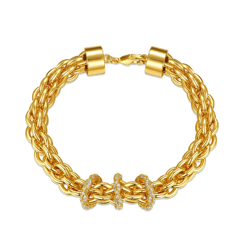 14k Yellow Gold Plated With Diamond Cubic Zirconia Triple Circle Round Woven Braided Link Chain Bracelet