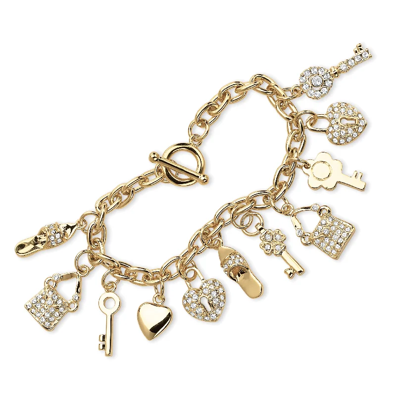 Crystal Yellow Gold-Plated Shoe, Purse, Heart Lock and Key Charm Bracelet