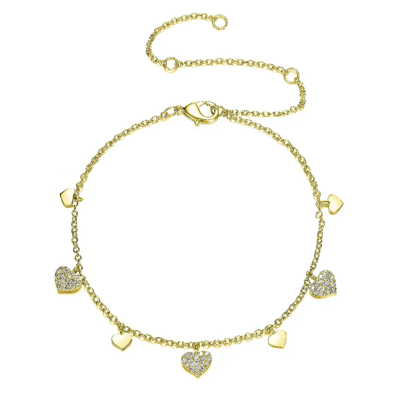 Sterling Silver 14k Gold Plated Cubic Zirconia Heart Charm Bracelet