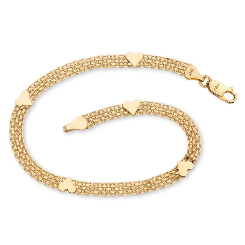 Solid 10k Yellow Gold Bismark-Link Heart Bracelet 7.25"